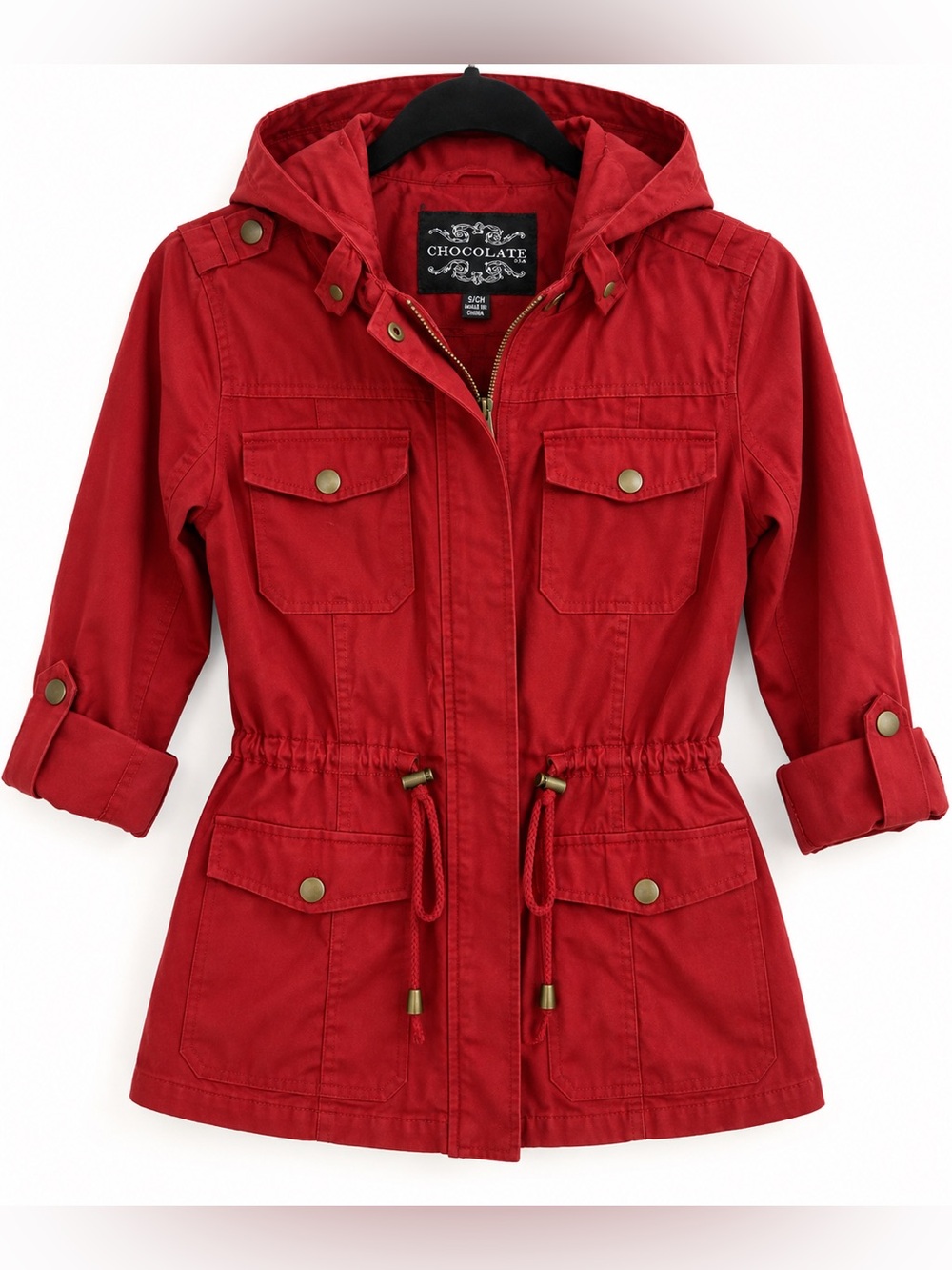 Chocolate USA Red Utility Field Jacket S Hooded Drawstring Cotton Military